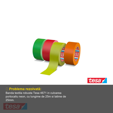 Banda adeziva textila Tesa 4671, portocaliu neon, rezistenta, pentru marcare si ambalare, 25m x 25mm [3]