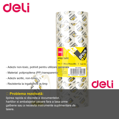 Banda adeziva transparenta Deli, 18 mm x 33 m, polipropilena, adeziv acrilic non-toxic, pentru birou si acasa [1]