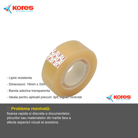 Banda adeziva transparenta Kores, 19mm x 33m, lipire rezistenta pentru birou si uz general [1]