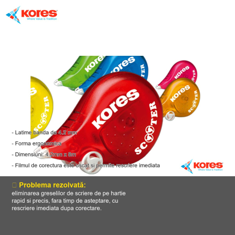 Banda corectoare Kores Scooter, 4.2mm x 8m, aplicare precisa cu rotite, pentru birou si scoala [1]