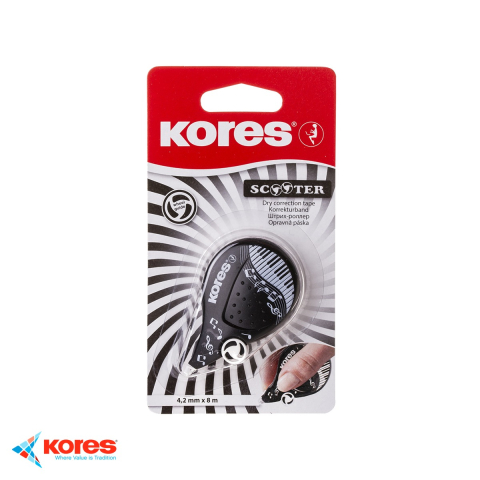 Corectoare si radiere - Banda corectoare Kores Scooter Black White, 4.2mm x 8m, film uscat cu rescriere imediata, pentru birou si scoala