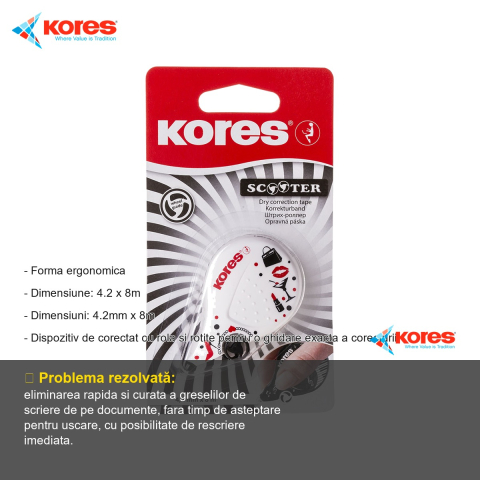 Banda corectoare Kores Scooter Black White, 4.2mm x 8m, film uscat cu rescriere imediata, pentru birou si scoala [1]