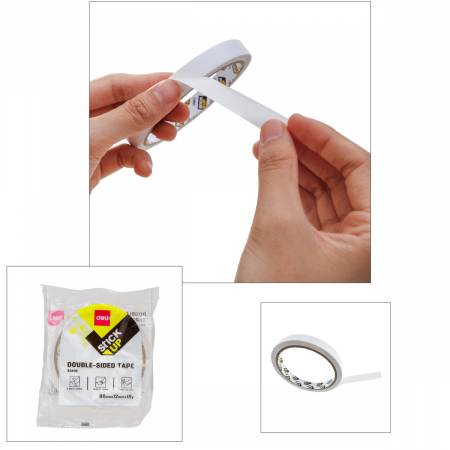 Banda dublu adeziva alba, lungime 9.14m, latime 12mm, grosime 80 microni, Deli 30405, lipire suprafete diverse [4]