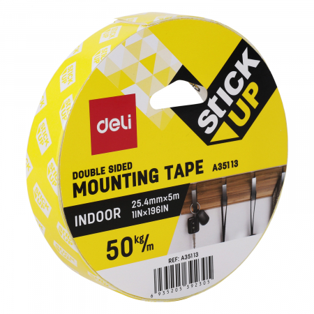 Bricolaj - Banda dublu adeziva buretata alba, 25.4mm x 5m, DELI A35113, rezistenta pana la 50kg/m, lipire suprafete multiple
