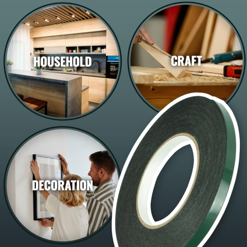 Banda dublu adeziva din spuma neagra, 10mm x 10m, rezistenta la apa si UV, pentru utilizare auto si casa, cu folie verde [2]