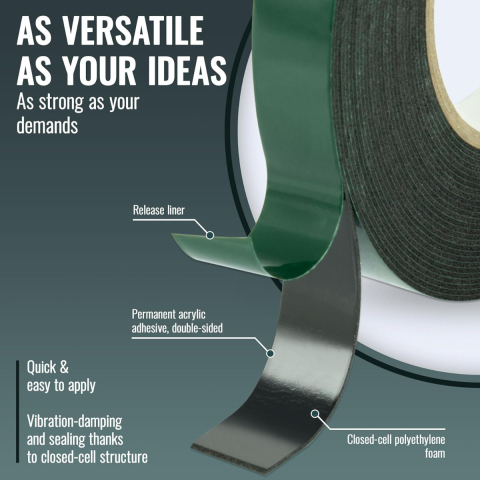 Banda dublu adeziva din spuma neagra, 10mm x 10m, rezistenta la apa si UV, pentru utilizare auto si casa, cu folie verde [4]