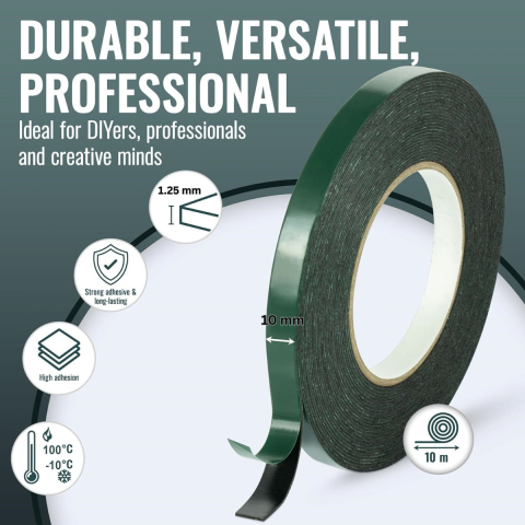 Banda dublu adeziva din spuma neagra, 10mm x 10m, rezistenta la apa si UV, pentru utilizare auto si casa, cu folie verde [1]