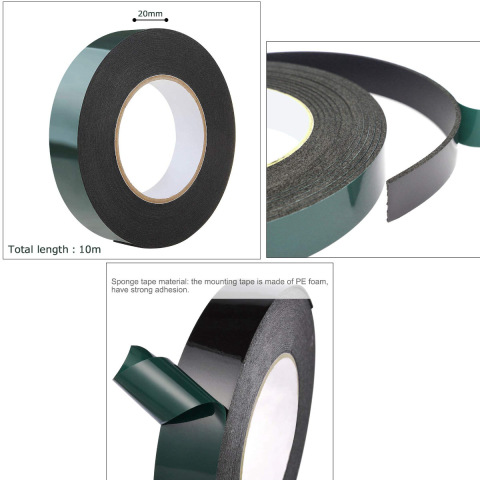 Banda dublu adeziva din spuma neagra extra-lata, 20mm x 10m, rezistenta la apa si UV, pentru fixari grele si suprafete mari, cu folie verde [1]