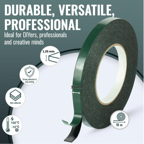 Banda dublu adeziva din spuma neagra lata, 15mm x 10m, rezistenta la apa si UV, pentru utilizari diverse si bricolaj, cu folie verde [1]