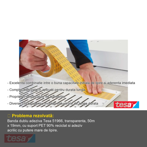 Banda dublu adeziva transparenta Tesa 51966, suport PET reciclat, adeziv acrilic puternic, 50m x 19mm, pentru montaj industrial [1]
