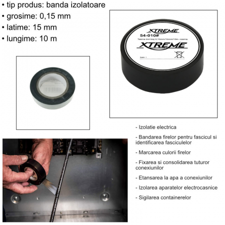 Banda izolatoare adeziva, XTREME 07065, 0.15mmx15mm, 10m lungime, PVC, neagra [3]