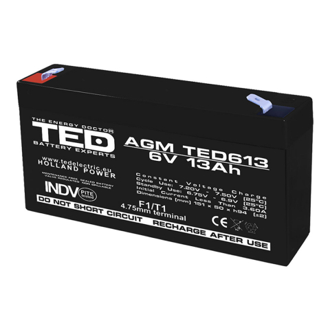 Energy - Baterie 6V 13Ah VRLA AGM Stationara TED Electric, pentru UPS, Echipamente Medicale, Sisteme de Securitate si Energie Regenerabila, 151 x 50 x 95 mm, TED613