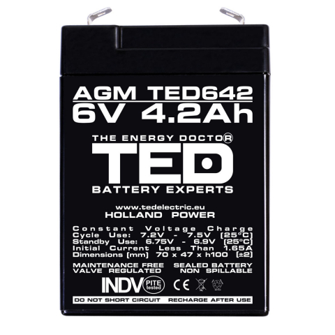 Baterie 6V 4.2Ah VRLA AGM Stationara TED Electric, pentru UPS, Echipamente Medicale si Sisteme de Securitate, 70 x 48 x 101 mm, TED642 [1]