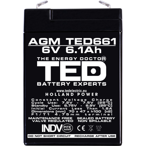 Baterie 6V 6.1Ah VRLA AGM Stationara TED Electric , pentru UPS, Echipamente Medicale, Sisteme de Securitate si Iluminat, 70 x 48 x 101 mm, TED661 [1]