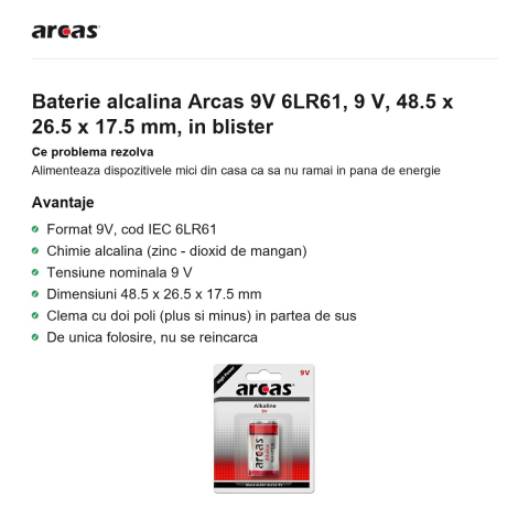 Baterie alcalina Arcas 9V 6LR61, 9 V, 48.5 x 26.5 x 17.5 mm, in blister [1]