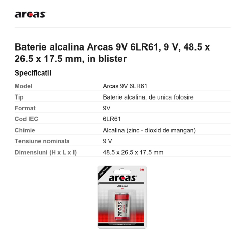 Baterie alcalina Arcas 9V 6LR61, 9 V, 48.5 x 26.5 x 17.5 mm, in blister [2]