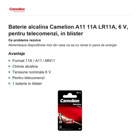 Baterie alcalina Camelion A11 11A LR11A, 6 V, pentru telecomenzi, in blister [1]