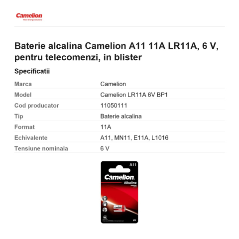 Baterie alcalina Camelion A11 11A LR11A, 6 V, pentru telecomenzi, in blister [2]