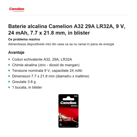 Baterie alcalina Camelion A32 29A LR32A, 9 V, 24 mAh, 7.7 x 21.8 mm, in blister [1]