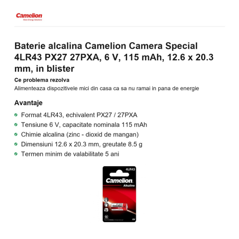 Baterie alcalina Camelion Camera Special 4LR43 PX27 27PXA, 6 V, 115 mAh, 12.6 x 20.3 mm, in blister [1]