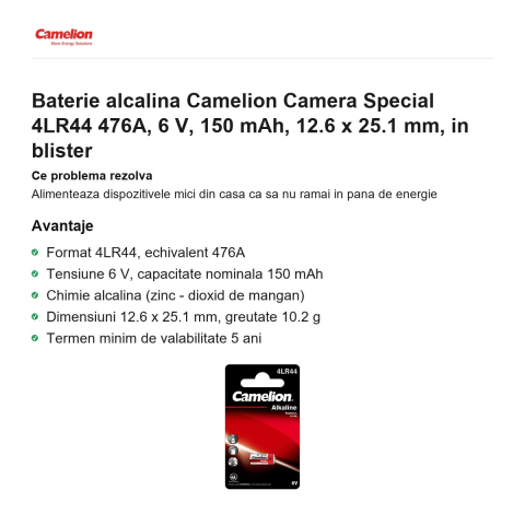 Baterie alcalina Camelion Camera Special 4LR44 476A, 6 V, 150 mAh, 12.6 x 25.1 mm, in blister [1]