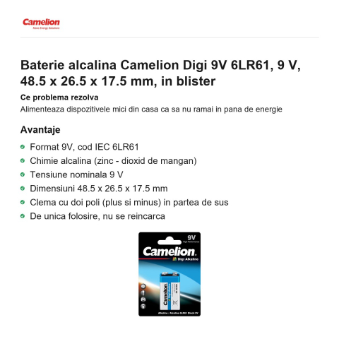 Baterie alcalina Camelion Digi 9V 6LR61, 9 V, 48.5 x 26.5 x 17.5 mm, in blister [1]