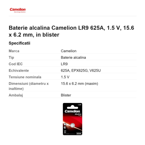 Baterie alcalina Camelion LR9 625A, 1.5 V, 15.6 x 6.2 mm, in blister [2]