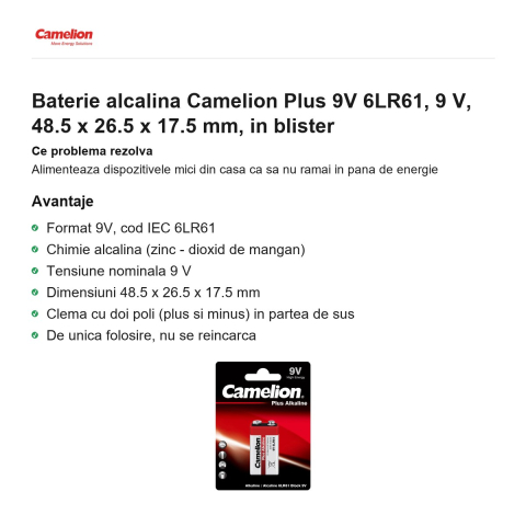 Baterie alcalina Camelion Plus 9V 6LR61, 9 V, 48.5 x 26.5 x 17.5 mm, in blister [1]