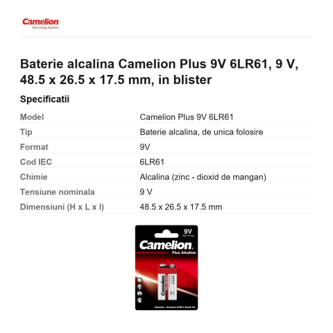 Baterie alcalina Camelion Plus 9V 6LR61, 9 V, 48.5 x 26.5 x 17.5 mm, in blister [2]