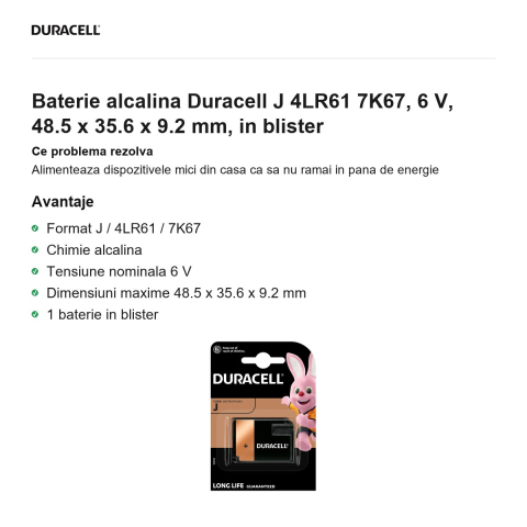 Baterie alcalina Duracell J 4LR61 7K67, 6 V, 48.5 x 35.6 x 9.2 mm, in blister [1]
