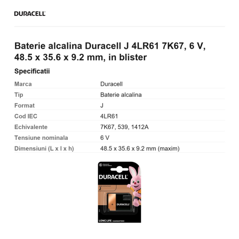 Baterie alcalina Duracell J 4LR61 7K67, 6 V, 48.5 x 35.6 x 9.2 mm, in blister [2]