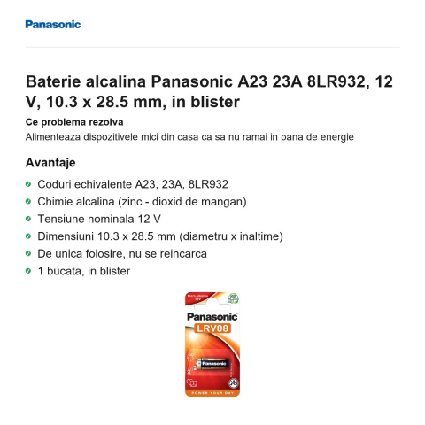 Baterie alcalina Panasonic A23 23A 8LR932, 12 V, 10.3 x 28.5 mm, in blister [1]