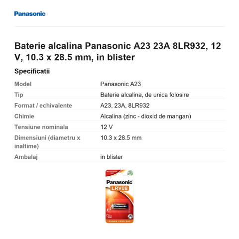 Baterie alcalina Panasonic A23 23A 8LR932, 12 V, 10.3 x 28.5 mm, in blister [2]