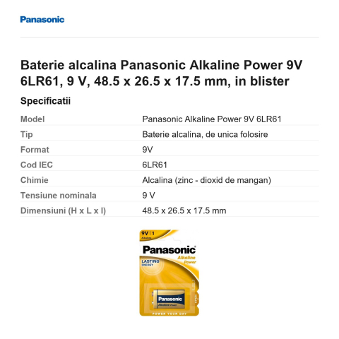 Baterie alcalina Panasonic Alkaline Power 9V 6LR61, 9 V, 48.5 x 26.5 x 17.5 mm, in blister [2]