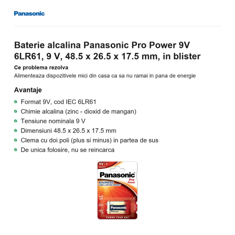 Baterie alcalina Panasonic Pro Power 9V 6LR61, 9 V, 48.5 x 26.5 x 17.5 mm, in blister [1]