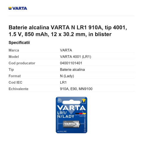 Baterie alcalina VARTA N LR1 910A, tip 4001, 1.5 V, 850 mAh, 12 x 30.2 mm, in blister [2]