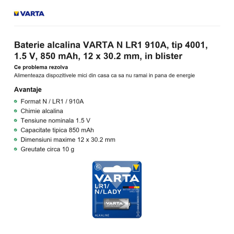 Baterie alcalina VARTA N LR1 910A, tip 4001, 1.5 V, 850 mAh, 12 x 30.2 mm, in blister [1]