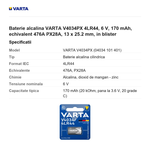 Baterie alcalina VARTA V4034PX 4LR44, 6 V, 170 mAh, echivalent 476A PX28A, 13 x 25.2 mm, in blister [2]
