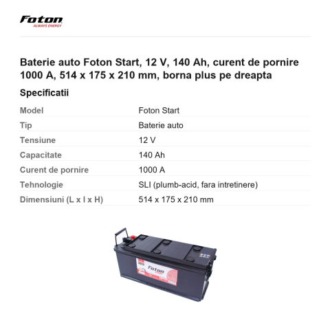 Baterie auto Foton Start, 12 V, 140 Ah, curent de pornire 1000 A, 514 x 175 x 210 mm, borna plus pe dreapta [2]