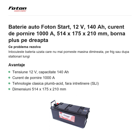 Baterie auto Foton Start, 12 V, 140 Ah, curent de pornire 1000 A, 514 x 175 x 210 mm, borna plus pe dreapta [1]