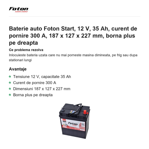 Baterie auto Foton Start, 12 V, 35 Ah, curent de pornire 300 A, 187 x 127 x 227 mm, borna plus pe dreapta [1]