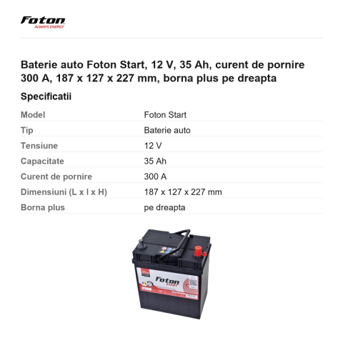 Baterie auto Foton Start, 12 V, 35 Ah, curent de pornire 300 A, 187 x 127 x 227 mm, borna plus pe dreapta [2]