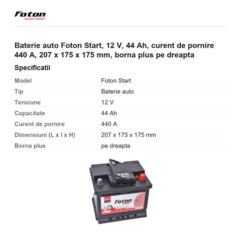 Baterie auto Foton Start, 12 V, 44 Ah, curent de pornire 440 A, 207 x 175 x 175 mm, borna plus pe dreapta [2]