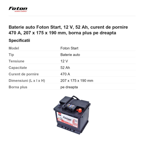 Baterie auto Foton Start, 12 V, 52 Ah, curent de pornire 470 A, 207 x 175 x 190 mm, borna plus pe dreapta [2]