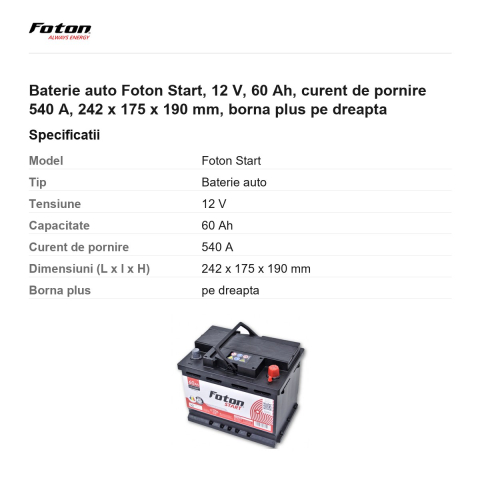 Baterie auto Foton Start, 12 V, 60 Ah, curent de pornire 540 A, 242 x 175 x 190 mm, borna plus pe dreapta [2]