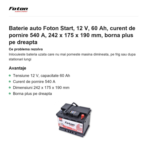 Baterie auto Foton Start, 12 V, 60 Ah, curent de pornire 540 A, 242 x 175 x 190 mm, borna plus pe dreapta [1]