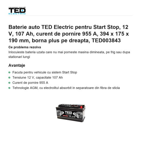 Baterie auto TED Electric pentru Start Stop, 12 V, 107 Ah, curent de pornire 955 A, 394 x 175 x 190 mm, borna plus pe dreapta, TED003843 [1]