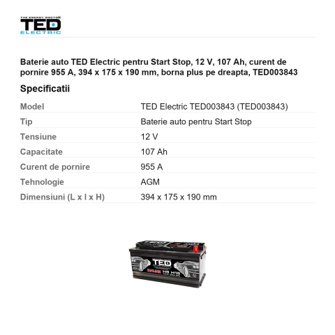 Baterie auto TED Electric pentru Start Stop, 12 V, 107 Ah, curent de pornire 955 A, 394 x 175 x 190 mm, borna plus pe dreapta, TED003843 [2]
