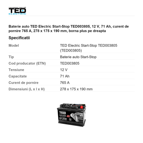 Baterie auto TED Electric Start-Stop TED003805, 12 V, 71 Ah, curent de pornire 765 A, 278 x 175 x 190 mm, borna plus pe dreapta [2]
