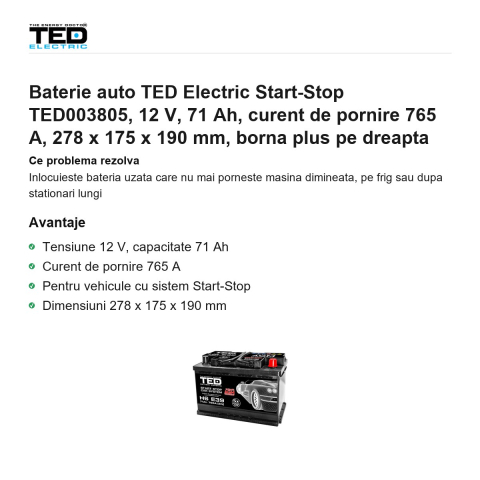Baterie auto TED Electric Start-Stop TED003805, 12 V, 71 Ah, curent de pornire 765 A, 278 x 175 x 190 mm, borna plus pe dreapta [1]